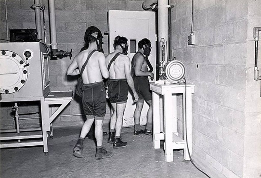 Mustard gas testing on human beings was done at Edgewood Arsenal, Maryland, in 1945. (Edgewood Arsenal / U.S. Military Photo/Wikimedia Commons)