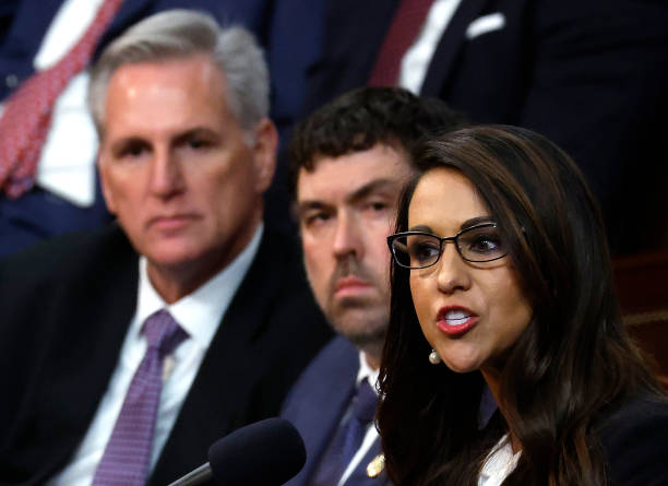 Rep.-elect Lauren Boebert delivers remarks alongside House Republican Leader Kevin McCarthy in the House Chamber during the second day of elections...