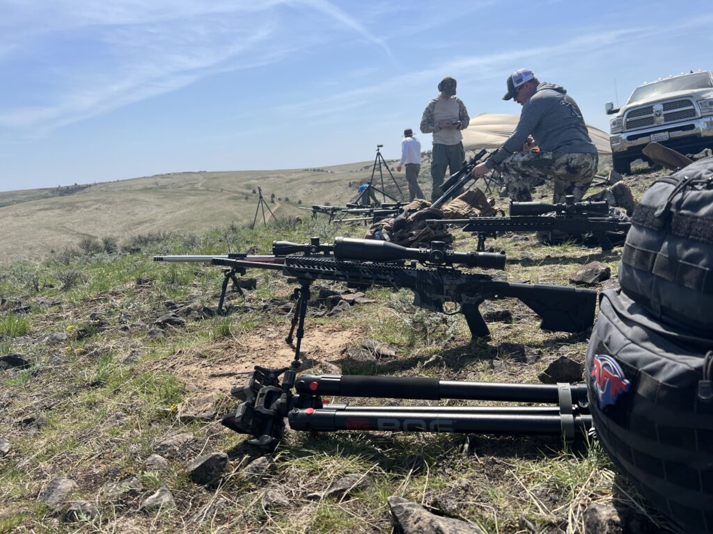 Precision rifles are lined up for a stage at a long range match in Washington State. Several of these rifles are now illegal to buy or sell in the state.