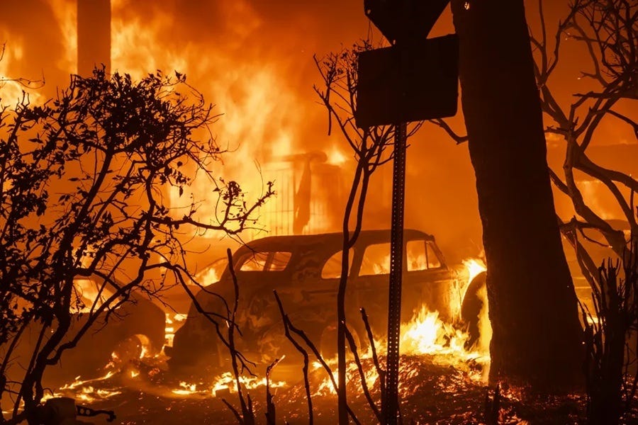 A car on fire in front of a building AI-generated content may be incorrect.