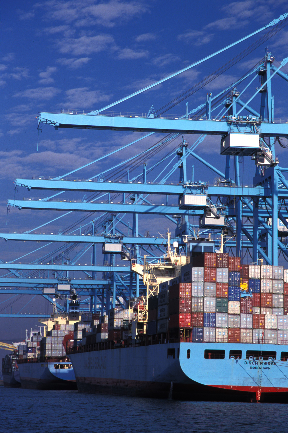 Maersk containership in port for loading and unloading at L.A., shared by the Port of Los Angeles