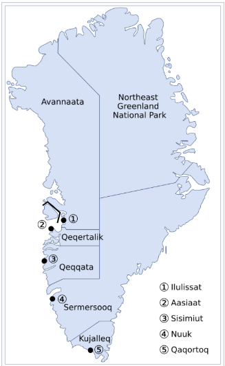 Map of Greenland by administrative divisions, source Wikipedia